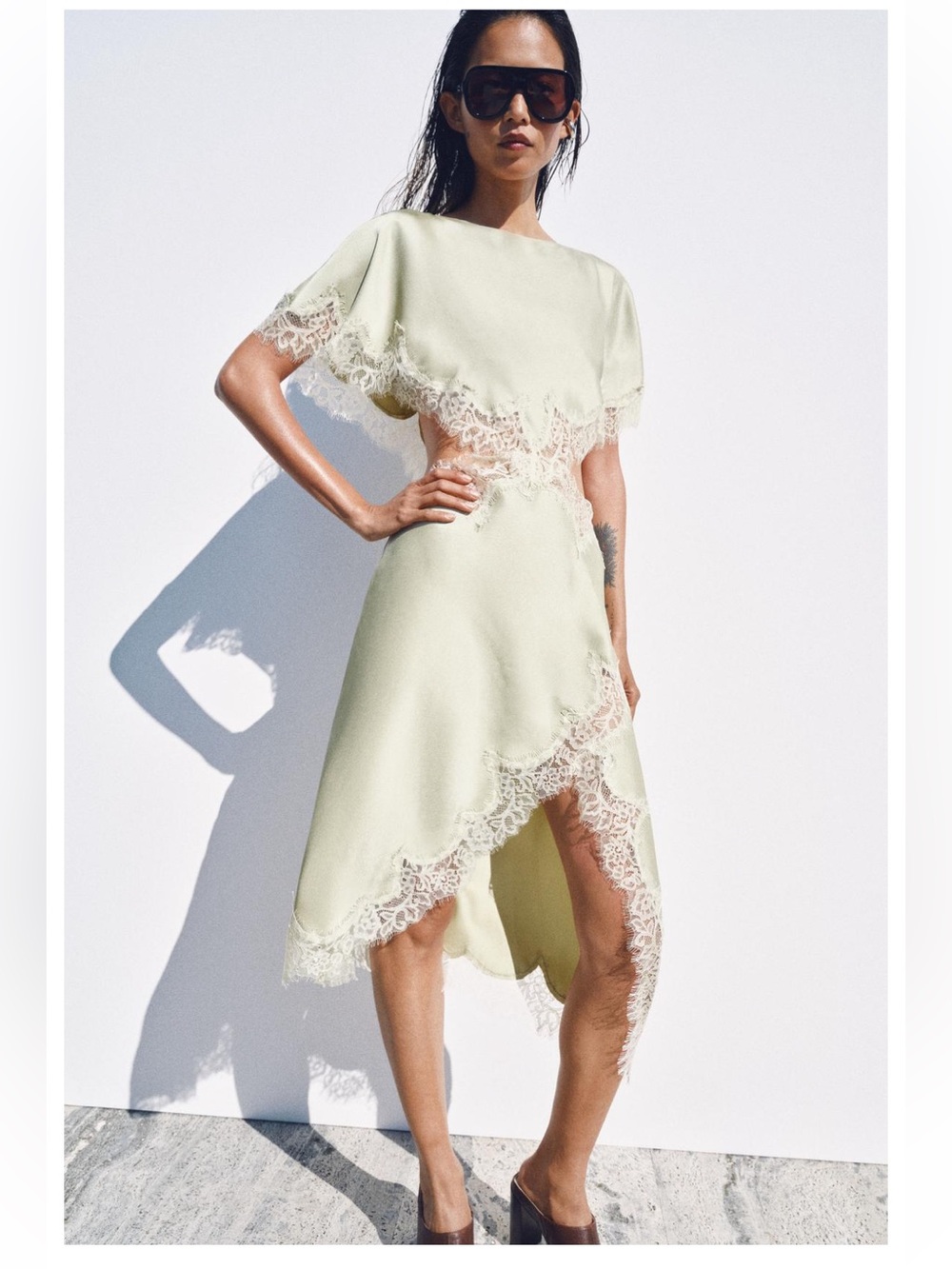 Zara Lace-Trim Asymmetric Midi Dress in Pale Green